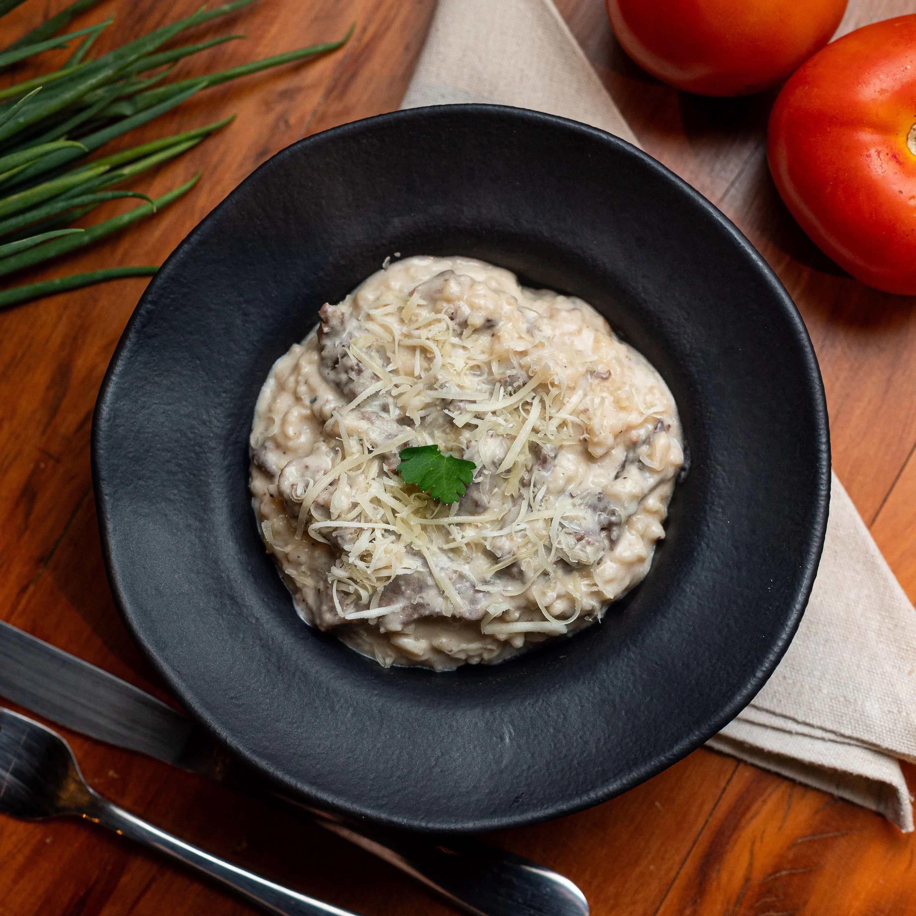 RISOTO COM ISCAS DE FILÉ E GORGONZOLA