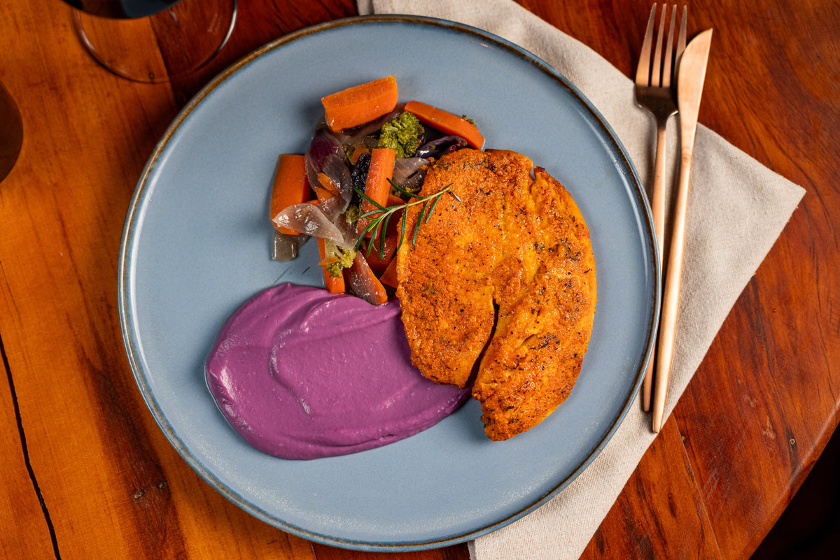 TILÁPIA, TRIO DE LEGUMES E PURÊ DE BATATA ROXA 350g