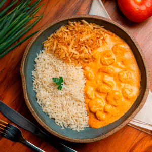 ESTROGONOFE DE CAMARÃO COM ARROZ BRANCO